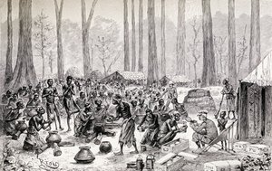飢餓状態のピグミー原住民にスープに牛乳とバターを提供するスカウト、1890年（木の彫刻） 作： Edouard Riou